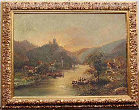 Semiziani Fs "Paesaggio lacustre con imbarcazioni e figure" olio su tela (cm...