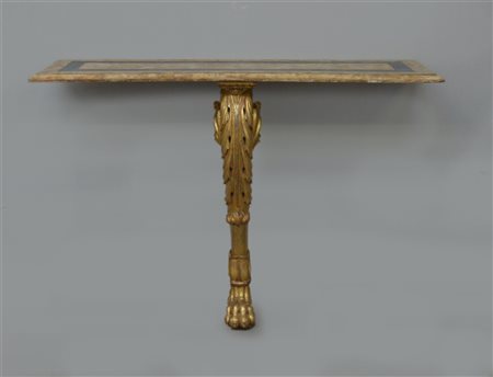 Console con sostegno in legno dorato e intagliato a foglia di acanto...