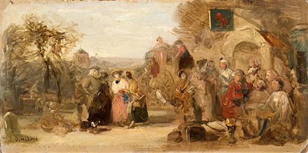 Scuola inglese del secolo XIX Scena paesana Olio su tavoletta cm 14x28...