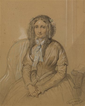 Louis Gallait (Tournai 1810 - Schaerbeek 1887) "Ritratto di gentildonna con...