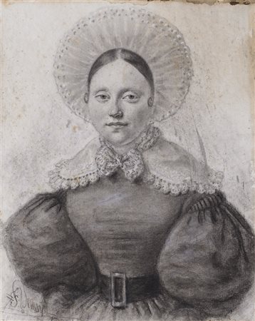 Firma indecifrata "Ritratto di donna con cuffia" carboncino e biacca su carta...