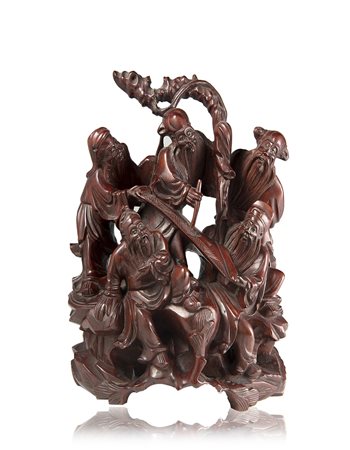 Scultura in legno orientale raffigurante saggi dalla lunga barba . Cina,...
