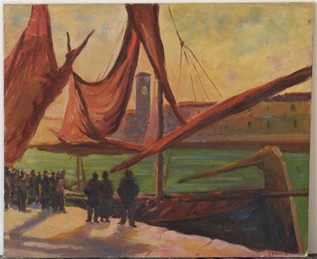 F. Ferrari "Bragozzi a Chioggia" olio su cartone telato (cm 50x60) Firmato in...