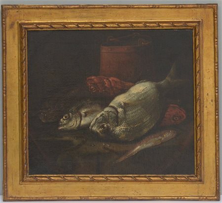 Scuola del secolo XVII "Natura morta con pesci" dipinto ad olio su tela (cm...