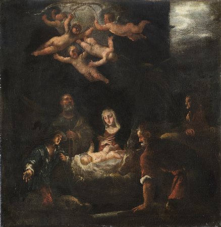 Scuola italiana del secolo XVII Adorazione dei pastori Olio su tela cm...