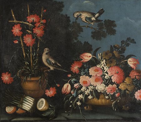 Scuola lombarda del secolo XVIII Natura morta con fiori e uccellini Olio su...