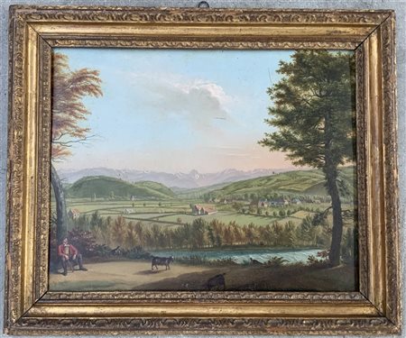 Ignoto del XIX Secolo "Paesaggio" olio su tela applicata a tavola (cm 32x42)...