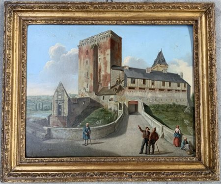 Ignoto del XIX Secolo "Palazzo nordico con figure" olio su tela applicata a...