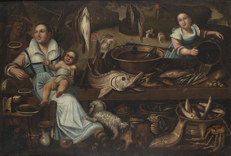 Maestro lombardo del secolo XVII, da Vincenzo Campi "Pescivendoli" olio su...