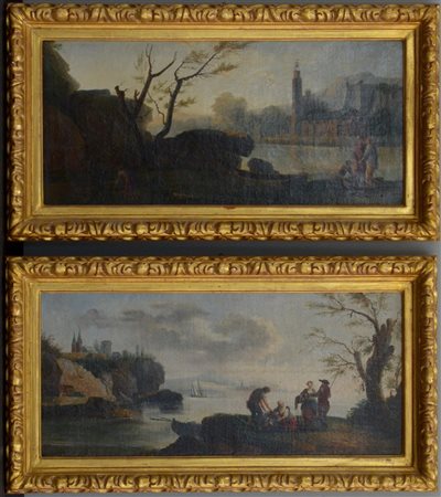 Scuola della fine del secolo XVIII "Paesaggi con figure" coppia di dipinti ad...