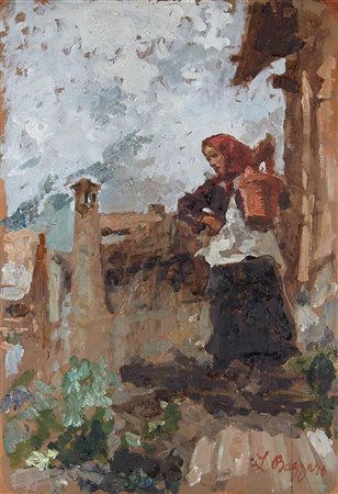 Leonardo Bazzaro (Milano 1853 - 1937) "Figura a Gignese (Acquaiola)" olio su...