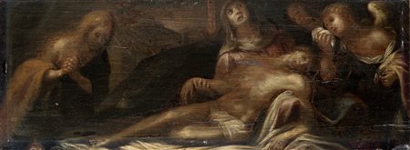 Scuola lombarda del secolo XVII Compianto su Cristo morto Olio su tavola cm...