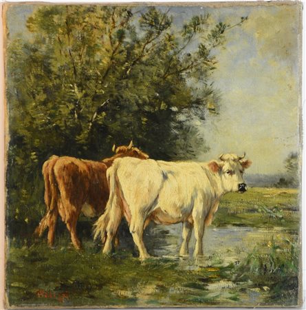 Giuseppe Palizzi (Lanciano 1812 - Passy (Francia) 1888) "Mucche al pascolo"...