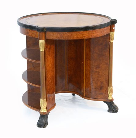 Scrittoio-etagere interamente lastronato in radica, piano tondo e ripiani...