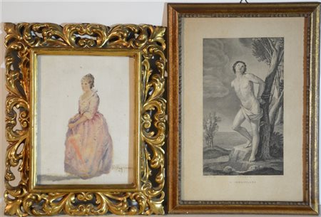 Lotto composto da un dipinto su tela raffigurante una dama con ombrellino firma