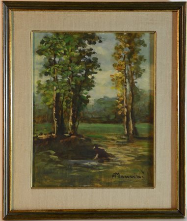 A. Mancini "Paesaggio boschivo" olio su masonite (cm 29,5x24) Firmato in basso a