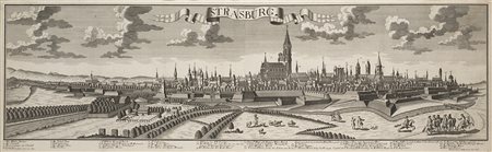 Incisione raffigurante la città di Strasburgo, da Haered Ierem Wolff (cm 32x105