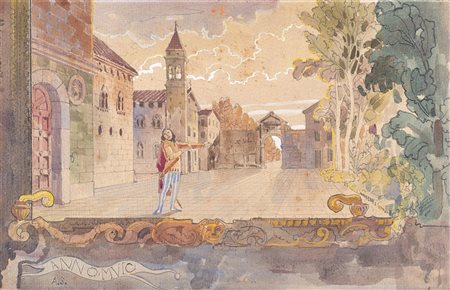 Scenografo degli inizi del secolo XX "Sipario con menestrello in una piazza" pe