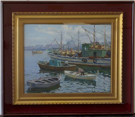 Luigi Bertolingrande "Scena portuale" olio su cartone telato (cm 40x50) Firmato