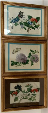 Gruppo di tre dipinti su carta di riso raffiguranti fiori e farfalle (misure di