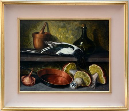 Nino Parola "Composizione con gazza e funghi" olio su faesite (cm 40x50) Firmato