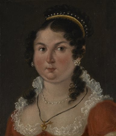 Ignoto, fine sec. XIX "Giovane gentildonna in rosso con diadema" olio su metall