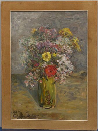 Carlo Aimetti "Vaso di fiori" '970, olio su compensato (cm 71x52) Firmato e data