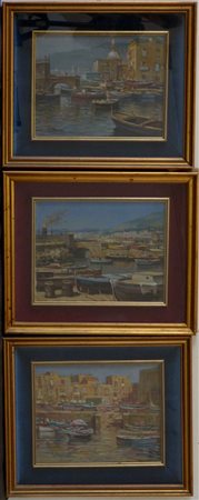 Guido Massei Gruppo di tre dipinti ad olio su tela raffiguranti "Canali con barc
