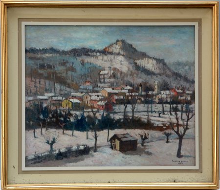 Giulio Benzi "Neve a Robilante" 1954, olio su faesite (cm 50x60) Firmato e datat