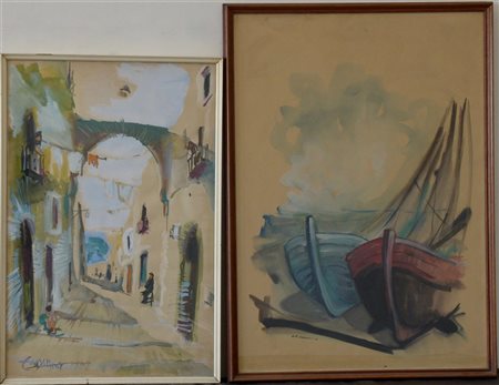 Lotto di due tecniche miste raffiguranti barche e scorcio di paese, autori e mi