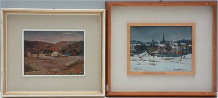 N. Montini "Presso Waterloo, Belgio" e "Paesaggio collinare" due dipinti ad olio