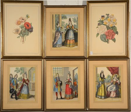 Gruppo di sei tra stampe e riproduzioni di epoche e misure diverse (difetti)