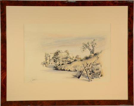 Firma indecifrata "Scorcio di paese di campagna con casolari" acquarello (cm 65