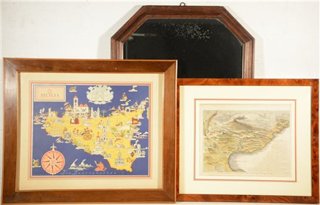 Lotto composto da una specchiera ottagonale, un manifesto della Sicilia ed una