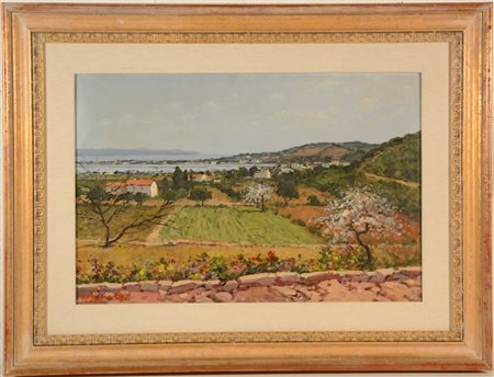 Angelo Romby "Paesaggio mediterraneo con golfi, alberi e case" olio su masonite