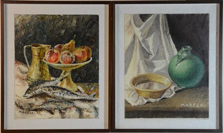 Maresa Due dipinti ad olio raffiguranti nature morte (cm 49x40) firmati in basso
