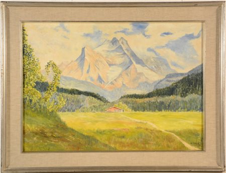 V. Held "Paesaggio montano con bosco e baita" 1976 olio su tela applicata su com
