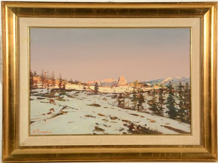 Angelo Romby "Paesaggio montano innevato con pini e baita" olio su masonite (cm