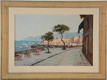 Angelo Romby "Scorcio di paese con terrazza sul mare" olio su masonite (cm 81x40