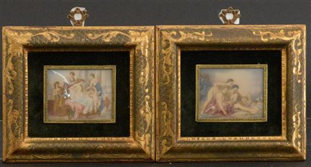 Coppia di miniature su avoriolina dipinte con figure femminili (cm 7x9) firmate