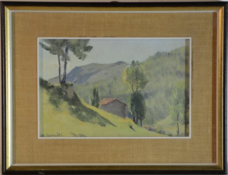 Alfonso Corradi "Paesaggio montano con baita" olio su compensato (cm 19x29) Firm