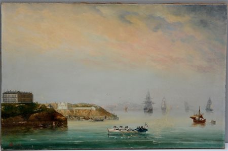 Monogrammista del XIX Secolo "Marina con velieri" 1874, olio su tela (cm 55x85)