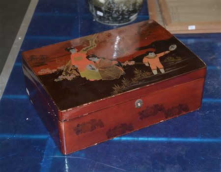 Scatola in lacca policroma decorata con dame e fanciullo. Giappone, sec. XX (cm