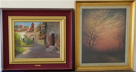 Lotto di due dipinti ad olio raffiguranti un interno rurale ed un paesaggio not