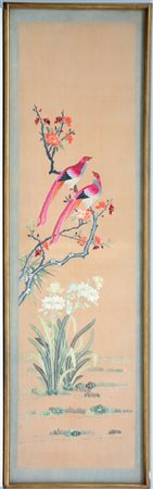 Ricamo, Cina secolo XX, in seta su seta, raffigurante due uccelli del paradiso