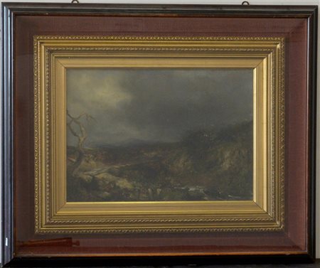 Ignoto "Paesaggio fluviale" olio su tela (cm 30x43) In cornice (lievi difetti)