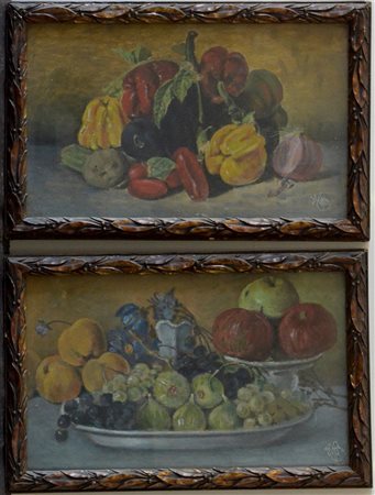 Monogrammista del XX Secolo. Coppia di dipinti ad olio su cartone pressato raff