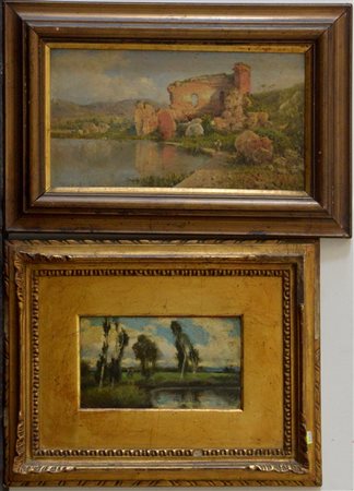 Lotto di due dipinti ad olio raffiguranti "Paesaggi lacustri" autori diversi (c