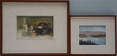 Lotto composto da due dipinti ad olio raffiguranti "Paesaggio" e "Composizione