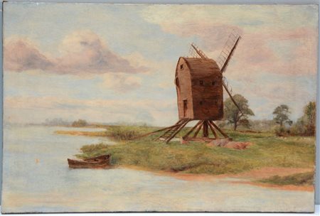 Ignoto "Paesagio con mulino a vento" olio su tela (cm 51x76.5) (difetti, rottur